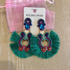 Wildflowers Vibrant Teal and Pink Fringe Earrings